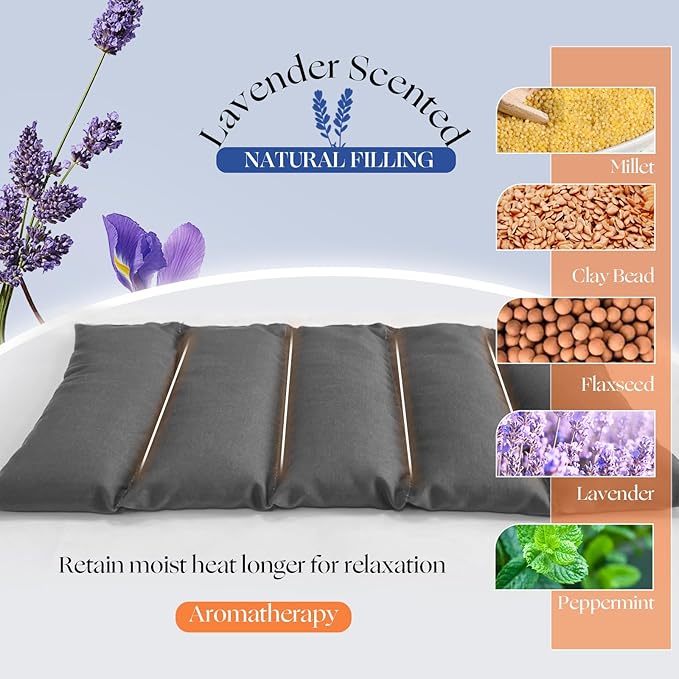 Microwavable Heating Pad with Washable Cover 13x7 Inch Flaxseed Microwave Hot Pack, Lavender Scent, Moist Warm Compress for Relaxation, Non-Electric & Portable