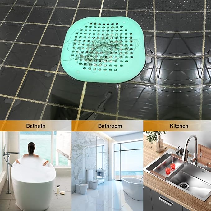 Hair Drain Catcher, Square Drain Cover for Shower, Silicone Hair Stopper with Suction Cup, Easy to Install, Suitable for Bathroom, Bathtub, Kitchen, 2 Pack (Green)