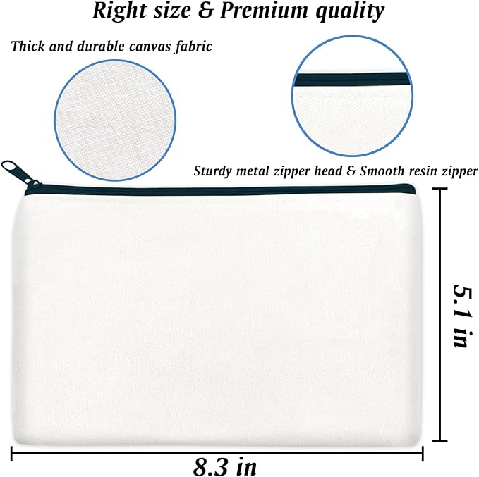 ZeeDix Canvas Pouch - Multi-purpose Cosmetic Bag with Zipper, DIY Craft Canvas Zipper Pouch Blank Makeup Bags Bulk Travel Toiletry Bag for Storage (8.3 x 5 inches)