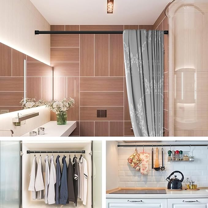 2 Pack No Sectional Assembly Shower Curtain Rod 28-48 Inch, 1" Diameter Spring Long Adjustable Tension Curtain Rods for Bathroom Windows Closet No Drilling No Rust, Black
