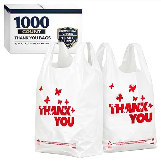 YoYoRain 1000 Pack White Thank You T-Shirt Bags with Handles, 11"x6"x21" Durable HDPE Plastic Carry-Out Shopping Bags for Grocery, Retail, Takeout & Small Business