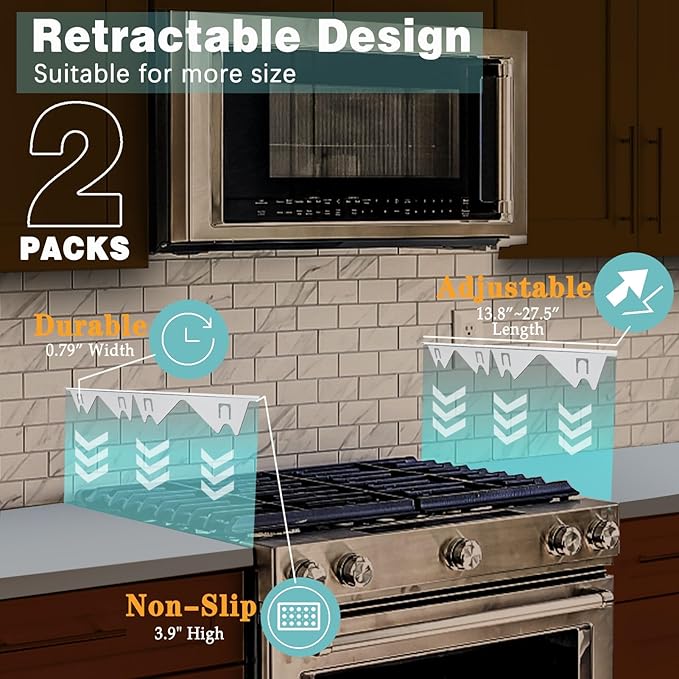 Stove Gap Covers Stainless Steel, 2 Pack Stove Gap Filler Easy Retractable Length 13.8" to 27.5", Width 0.79" ALMCALS Stove Gap Guards Range Trim Kit, Heat Resistant Guard Between Stove Top & Counter
