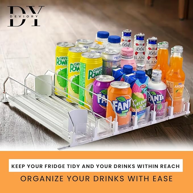 Deviory - Soda Can Organizer with Automatic Can Pusher | Refrigerator Drink Organizer | Beverage Dispenser for Soda, Cans and Bottles | Space-Saving | Stainless Steel | Adjustable Sizes | 6 Rows