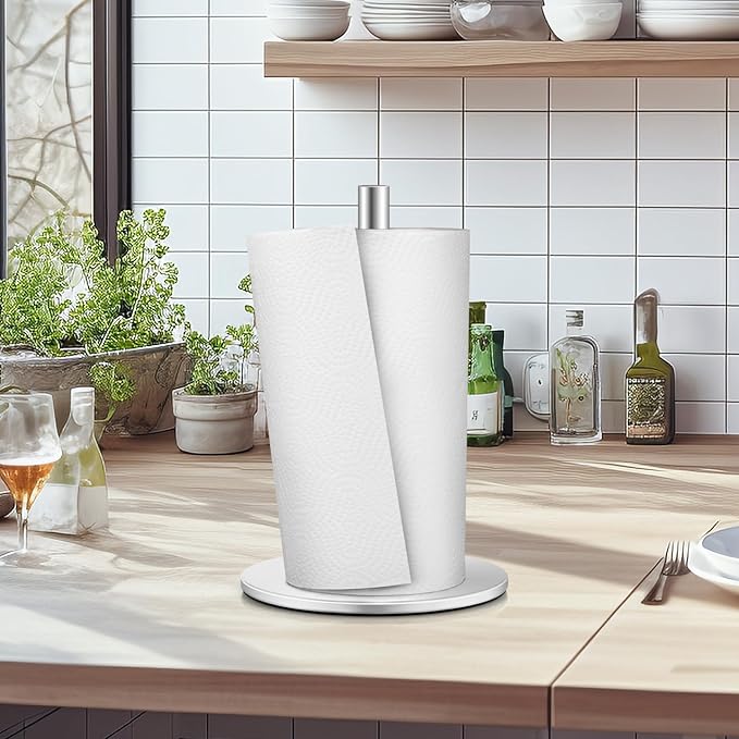 Silver Paper Towel Holder, Stainless Steel Paper Towel Holders, Stainless Paper Towels Holder Countertop, Premium Kitchen Roll Holder, Non-Slip Paper Towel Stand with Solid Weighted Base
