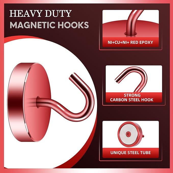 Neosmuk Magnetic Hooks, Cruise Ship Essentials, 100lb+ Heavy Duty Magnetic Hooks for Cruise Cabins, Refrigerator, Grill, Hanging, and Travel | Extra Strong Must-Haves Magnet Hook,Red,Pack of 20