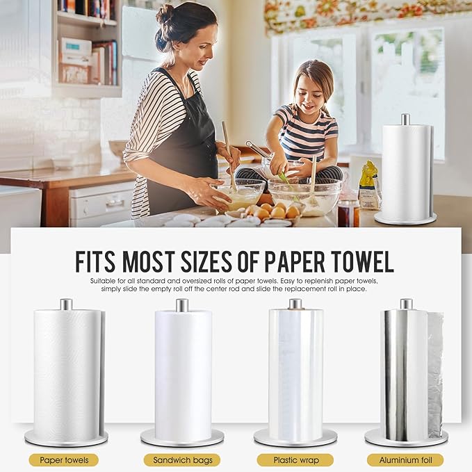 Silver Paper Towel Holder, Stainless Steel Paper Towel Holders, Stainless Paper Towels Holder Countertop, Premium Kitchen Roll Holder, Non-Slip Paper Towel Stand with Solid Weighted Base