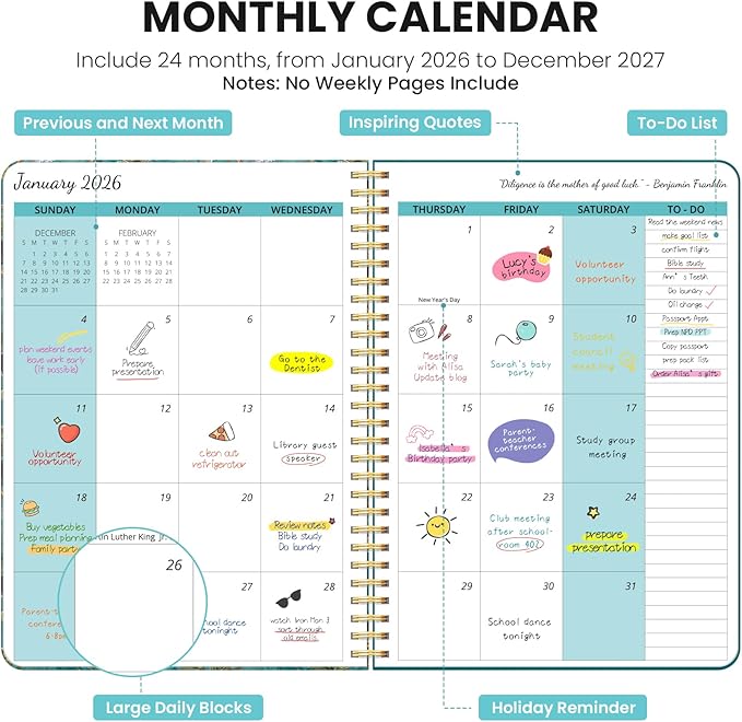 Monthly Planner 2026-2027, 2 Year Months Calendar Planner 2026-2027, Runs from January 2026 - December 2027, 7" x 10", 24 Months, Perfect for School Office Home Planning - Cats in Vine