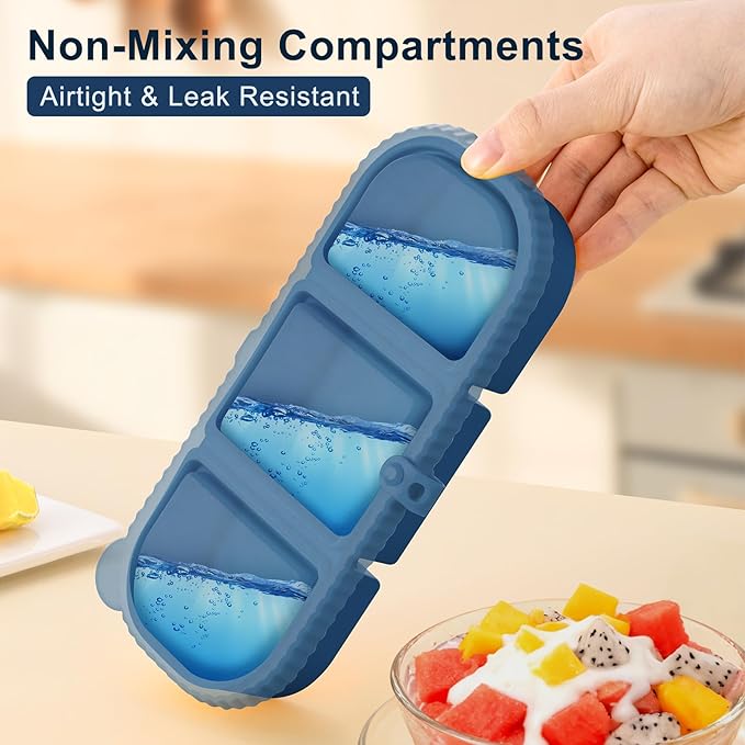 3 Pack Silicone Reusable Snack Containers with Lids - 3 Compartment Snackle Box for Kids & Adults, BPA-Free & Leakproof, Small for Dressing, Sauces, School, Office, Picnic (Blue, yellow, pink)