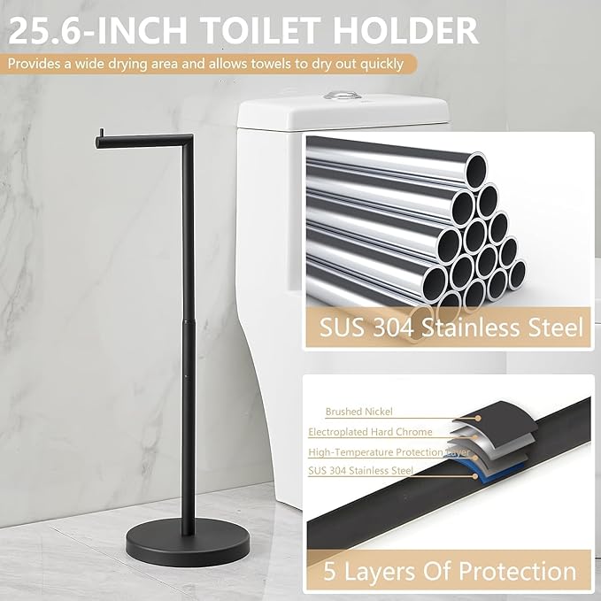 Toilet Paper Holder Stand for Floor Matte Black Adjustable (14.6" to 25.7") Bathroom Freestanding Toilet Paper Roll Holder Stainless Steel Toilet Tissue Holder with Heavy Weighted Base