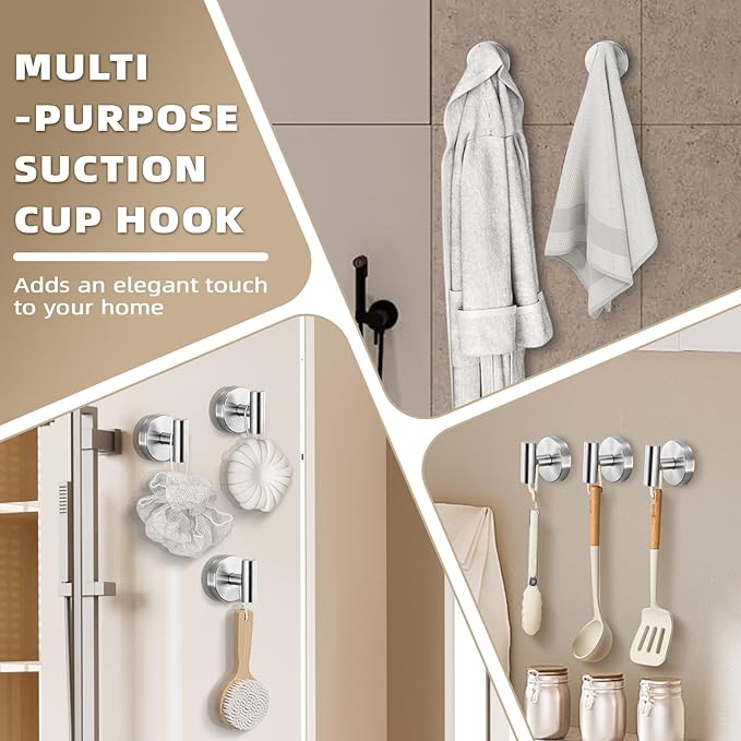 Suction Cup Hooks for Shower - Reusable Bathroom Hooks for Towels, Robes & Loofahs - No-Drill Mounting on Kitchen, Walls, Metal, Glass, Mirrors, Tile & Smooth Non-Porous Surfaces (4, Brushed Nickel)