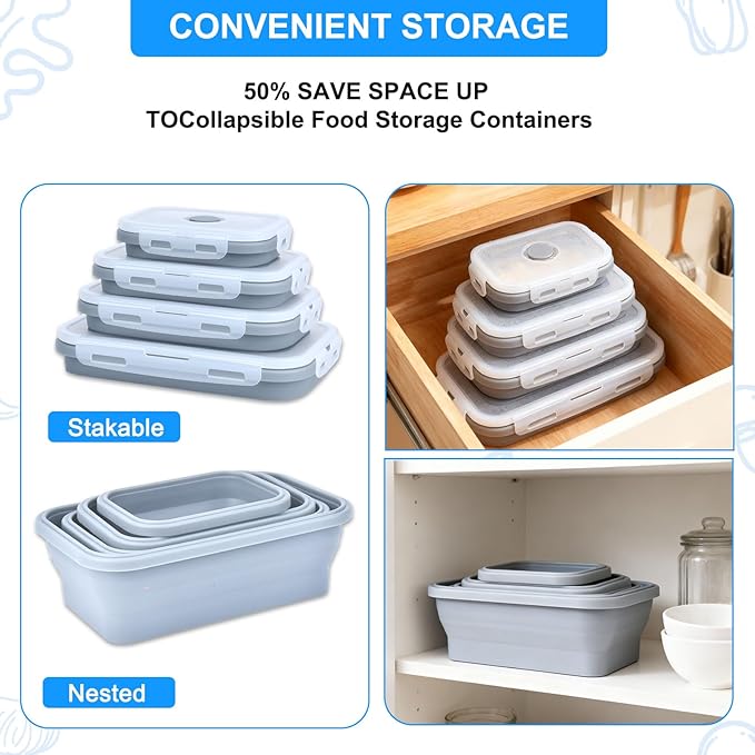 4 Set Collapsible Food Storage Containers Silicone Lunch Container with Lids Collapsible Lunch Box Food for Camper Leftovers Snacks Meals Dorm Kitchen Microwave Dishwasher and Freezer Gray