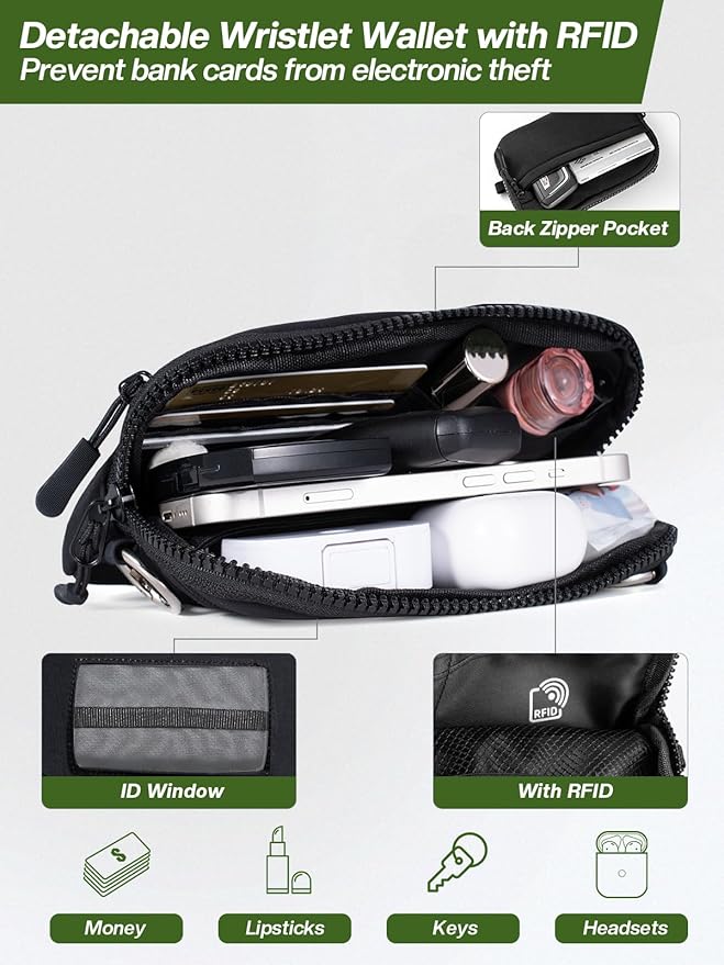 Clip and Go Strap for Phone with Wallet Crossbody Phone Lanyard Adjustable and Detachable RFID Wristlet Wallet with ID Window and Zipper, Black(L)
