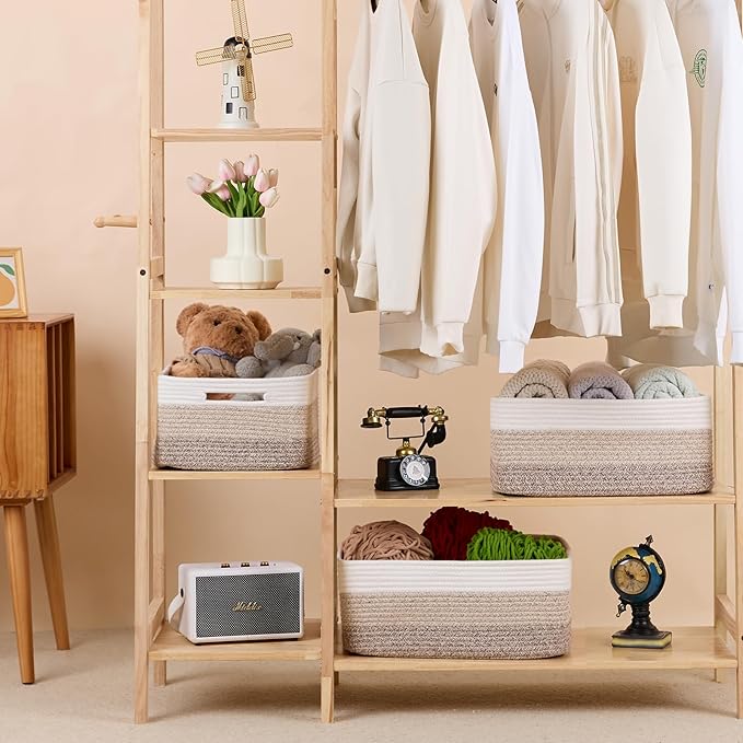MiniArk Large Storage Baskets for Organizing, Closet Shelf Baskets for Clothes Blanket Towels, Baby Nursery, Toy Bins Box, Woven Rope Basket, 17 x 13 x 7.5”, 3 Packs Gradient Brown