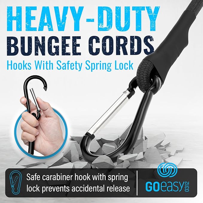GOEASY0312 Carabiner Bungee Cords with Hooks Heavy Duty - 18" Elastic Bungee Cords With Carabiner Hooks 200 LBS Max Break Strength, UV Resistant for Camping, Tarps, Bike Rack, Tent, Car - 4pcs (Black)