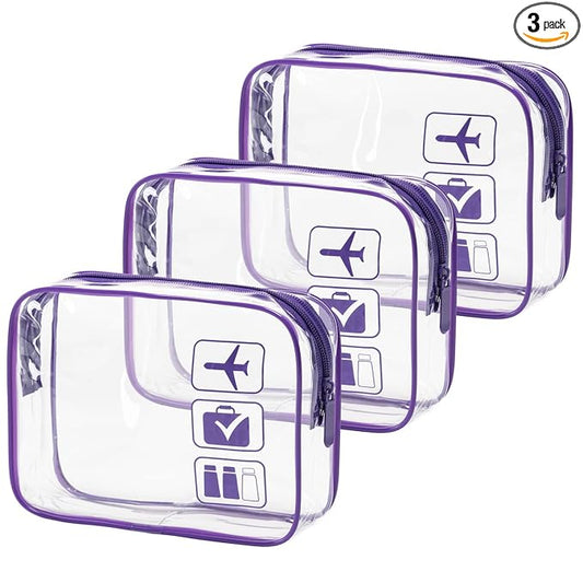 MODENGKONGJIAN TSA Approved Toiletry Bag, 3 Pcs Clear Toiletries Bags Quart Size Travel Makeup Cosmetic Bag for Women Men, Carry on Airport Airline Compliant Bag (Purple)