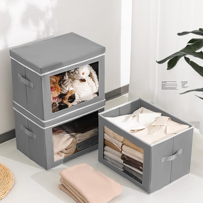 Storage Bins, Storage Baskets for Shelves with Window, Fabric Storage Bins with Handle, Foldable Storage Cubes Boxes for Organizing for Clothes, Towels, Books, 3 Pack, Grey