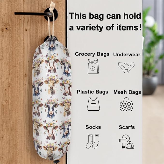 Plastic Bag Holder Butterfly Flower Highland Cow Wall Mount Grocery Bag Holder Washable Plastic Bag Dispenser Garbage Bag Organizer for Home Kitchen Decor, Gifts for Women Mom Family Friends