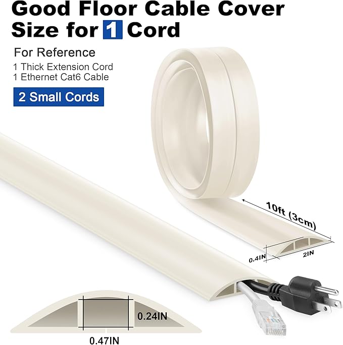 LZEOY 10FT Floor Cord Cover, Beige Cord Hider, Durable Cord Covers, Cable Floor Cover, Floor Cord Protector, Hide Cords, 10 Inches Length, 0.47" W x 0.24" H