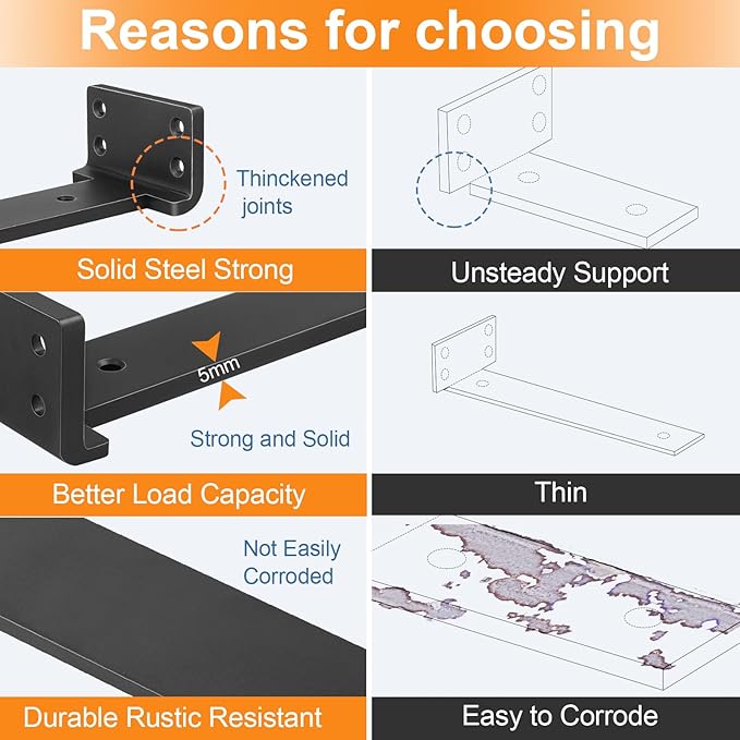 Floating Shelf Brackets 12 inch 10 Pack L Brackets for Shelves Black Metal Heavy Duty Shelf Bracket for DIY Decorative with Mounting Hardware