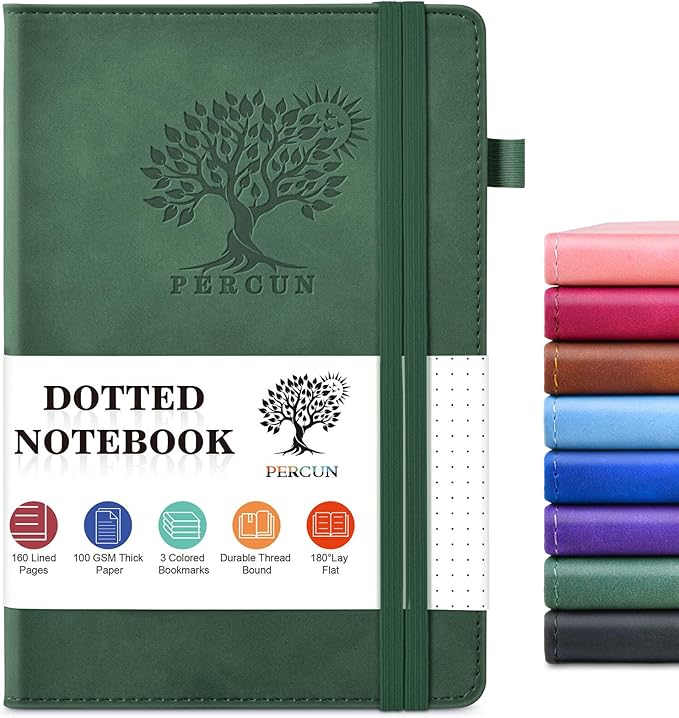 Dotted Journal Notebook for Men & Women, 160 Pages Dot Grid notebook for Note Taking, Bullet Journaling Notebook for Work, School, Travel, Writing, A5 Hardcover 5.9" x 8.5"(Green)