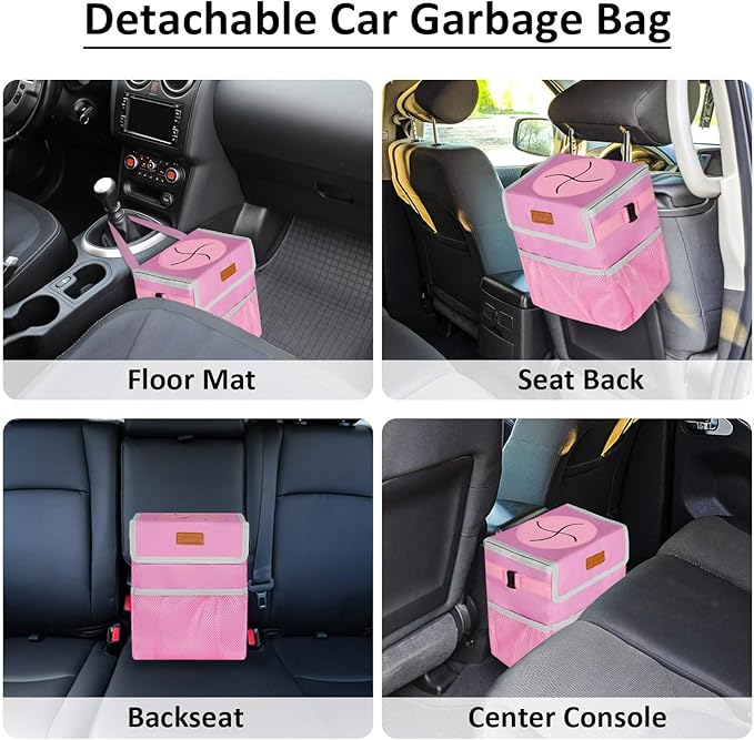 ELONGRIVER Car Trash Can for SUVs, Trucks, Vans - Pink, 2 Gallons Capacity, Leak-Proof Liner, Utility Clasps, Cute Design