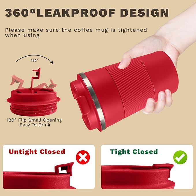 SPLMIFA Vacuum-Insulated Stainless Steel Travel Coffee Mug, Leak-Proof Reusable Coffee Cup with Lid - Keep Hot & Cold Drinks for Hours, Durable Insulated Tumbler for Men & Women(3rd-Red, 17OZ)