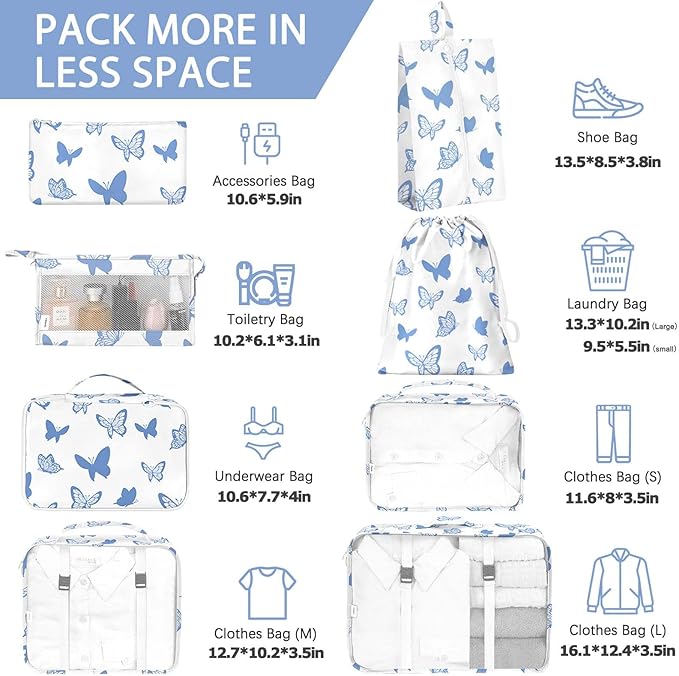 KPX 8 Set Packing Cubes for Travel, Luggage Packing Organizers Accessories Large Toiletry Bag for Clothes Shoes Cosmetics (8Set-Butterfly)