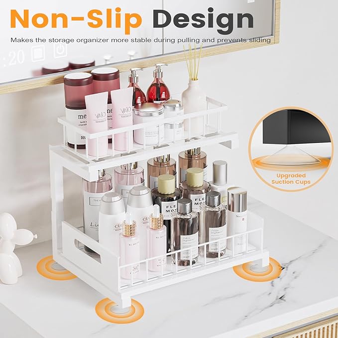 Toyear Under Sink Organizer, Heavy Duty Metal Pull Out Cabinet Organizer Slide Out Sink Shelf Organizer Height Adjustable, Multi-Purpose Storage Shelf for Kitchen Bathroom(White,2Pack)