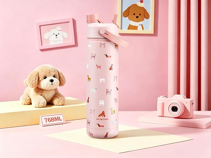 POWCAN 26 oz Insulated Water Bottle with 2-in-1 Straw and Spout Lid, Keep Cold 24H, Leak-Proof, Fits in Car Cup Holder, Stainless Steel Water Bottle for Gift, Home, Trip, Daily Outings (Furry Friends)