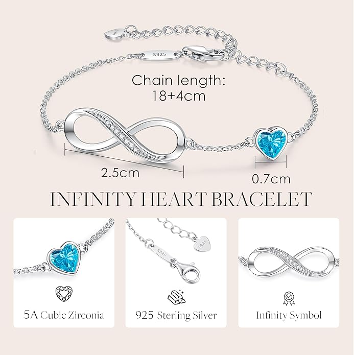 CDE Infinity Heart Birthstone Charm Link Bracelet for Women 925 Sterling Silver Adjustable Mother's Day Gift Anniversary Birthday Jewelry for Wife Girlfriend Her