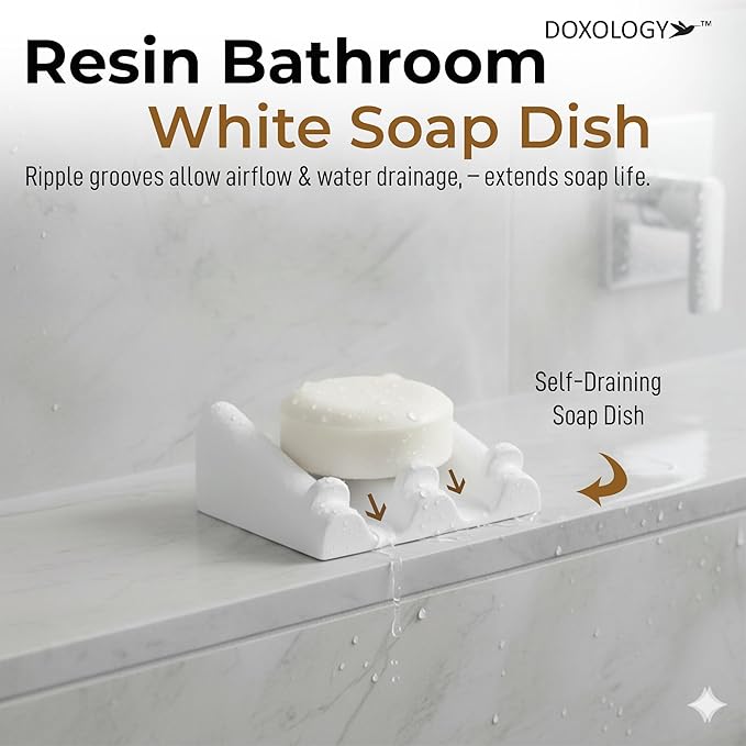 DOXOLOGY White Marble Soap Dish Bathroom Organizer - Resin Soap Dish with Rectangular Design 3.7" L x 2.8" W - Self Draining Soap Dishes Keeps Countertop Neat - Marble Look Soap Tray for Sink
