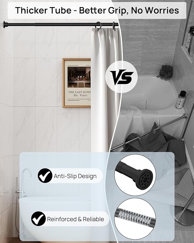 ALLZONE Heavy Duty Tension Shower Curtain Rod 42-83 Inches for Bathroom, Window, Non-Slip, Adjustable with Strong Spring Pole for Closet, Doorway, No Rust, No Drilling, Black