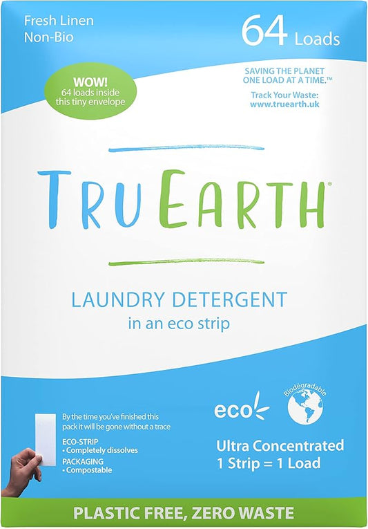 Tru Earth Compact Dry Laundry Detergent - Up to 128 Loads (64 Sheets) - Paraben-Free - Original Eco-Strip Liquidless Detergent, Travel - Fresh Linen | Packaging May Vary