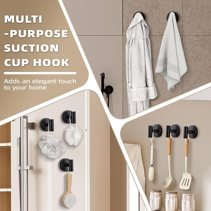 Suction Cup Hooks for Shower - Bathroom Reusable Hooks for Towels, Robes & Loofah - No-Drill Mounting on Kitchen,Walls,Metal,Glass,Mirrors,Tile & Smooth Non-Porous Surfaces (2, Matte Black)