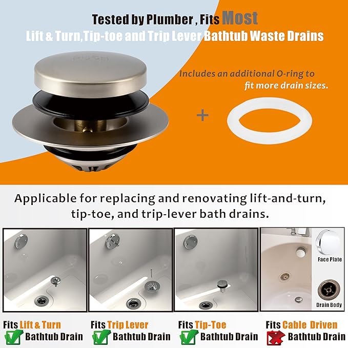 Artiwell Tub Drain, 2 in 1 Pop-up Bathtub Plug with Hair Catcher, Easy Installation Bath Drain Stopper with Strainer, Brushed Nickel