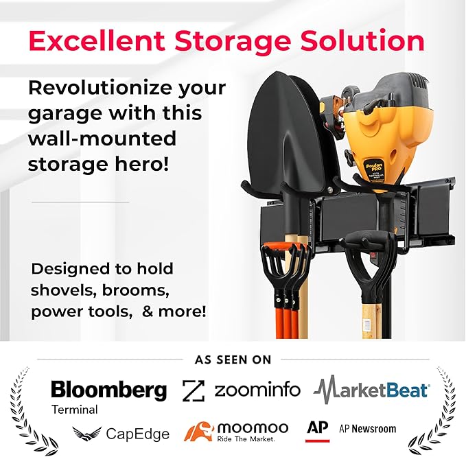 TIDYME Garage Wall Organizer | 32" Heavy-Duty Tool Storage Rack | Adjustable Double-Layer Hooks | 200 lbs Capacity | Carbon Steel Wall Mount Holder for Shovels, Rakes, Ladders & Power Tools