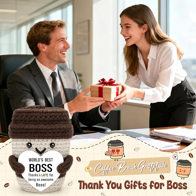 Agantree art Best Boss Birthday Gifts for Women Men Female Male Coffee Lover Leader Manager Supervisor Crochet Coffee Mug Cup Desk Office Decor for Retirement Promotion Leaving Boss Day Christmas