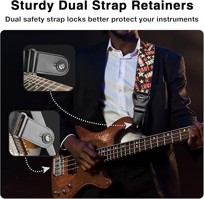 LEKATO Guitar Bass Strap for Electric Guitar Bass, 3" Wide Padded Guitar Strap Neoprene Pad with 3D Sponge Filling Adjustable Length from 45" to 55" with Strap Locks, Picks, Love Stars