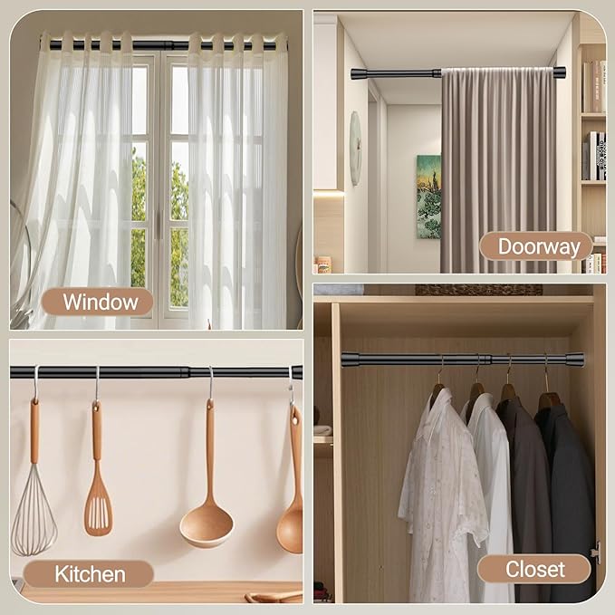 Spring Tension Curtain Rods Small Tension Rod Adjustable Curtain Rod No Drilling for Window (Black, 18" to 28"-2Pack)