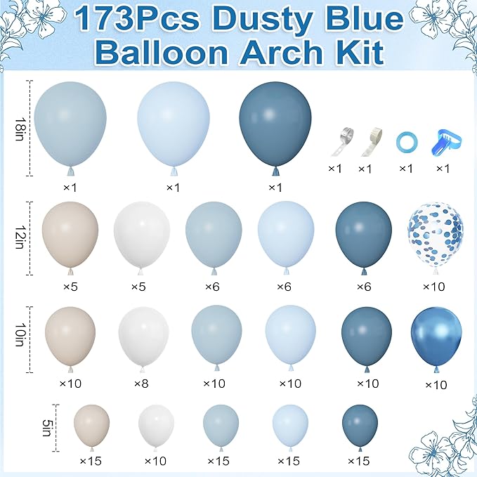 Amandir 173Pcs Dusty Blue Balloon Arch Garland Kit, Baby Light Dusty Blue White Sand Metallic Blue Confetti Balloons for Boy Baby Shower Gender Reveal Wedding Birthday Party Decorations Supplies