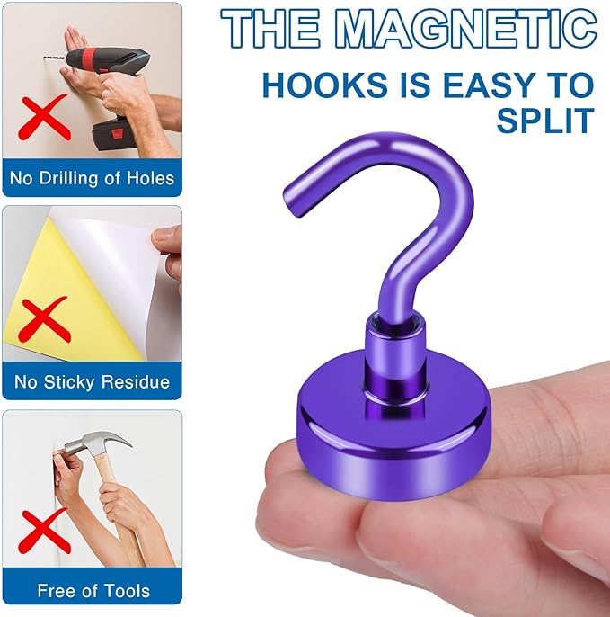 LOVIMAG Strong Magnet Hooks, 170Lbs Metal Heavy Duty, Purple with Hooks for Hanging, Cruise Cabins, Refrigerator - 4 Pack