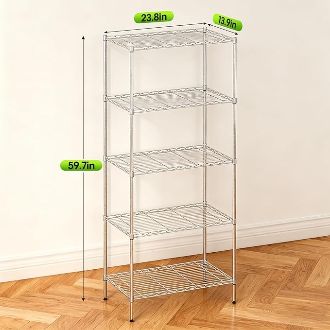 BestOffice | 5-Tier Wire Storage Shelves | 14 x 24 x 60 | Chrome | with Adjustable Racks | Metal Shelf, Holds Upto 500 lbs | No-Tool Assembly | Ideal for Home & Garage Shelving