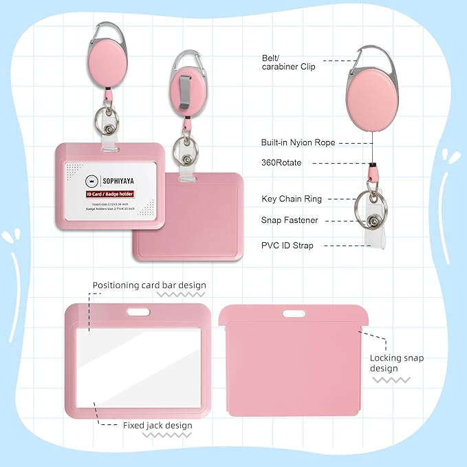 ID Badge Holder with Clip Badge Reels Retractable Heavy Duty Id Card with Carabiner Badge Reel with 24 inches Pull Cord for Office, School, Factory, Teacher (Red, Horizontal)
