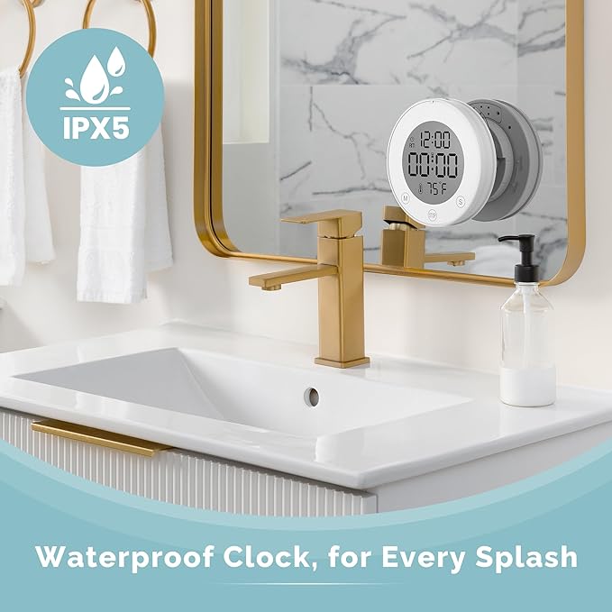 KADAMS Shower Clock Waterproof Bathroom Timer – Digital Wall Clock with Countup & Countdown, Magnetic Kitchen Clock with Temperature, Suction Cup for Kids Shower Spa Sauna Cook Bath, White