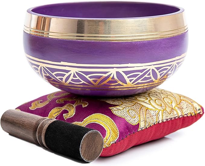 Tibetan Singing Bowl Set - Authentic Handcrafted Mindfulness Meditation Holistic Sound 7 Chakra Healing Gift by Himalayan Bazaar (Purple-Magenta)