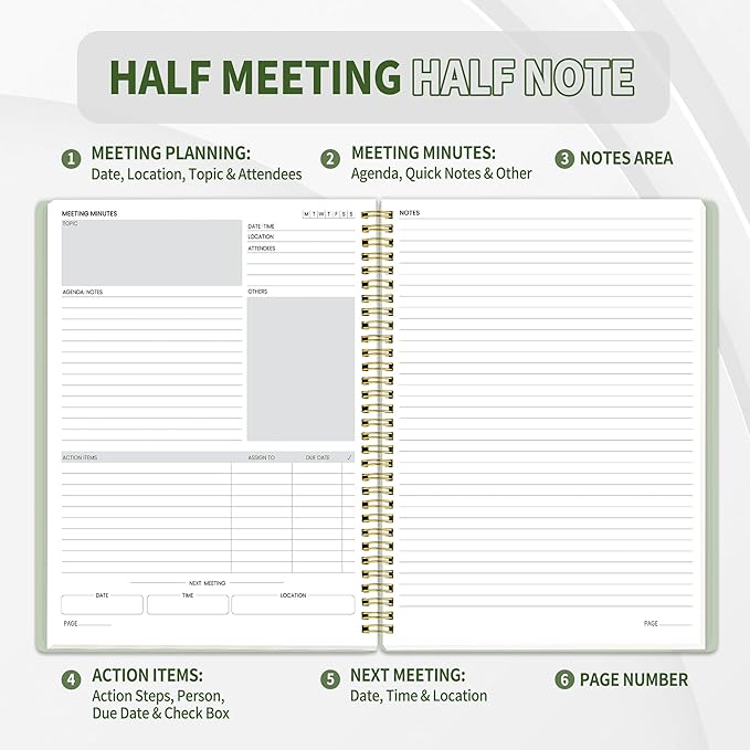 SUNEE Half Meeting Half Note - 8.5"x11" Professional Notebooks for Work - 160 Pages, A4 Size Project Planner, Spiral Meeting Agenda/Minutes Organizer for Women Men, Note Taking, Office & Business