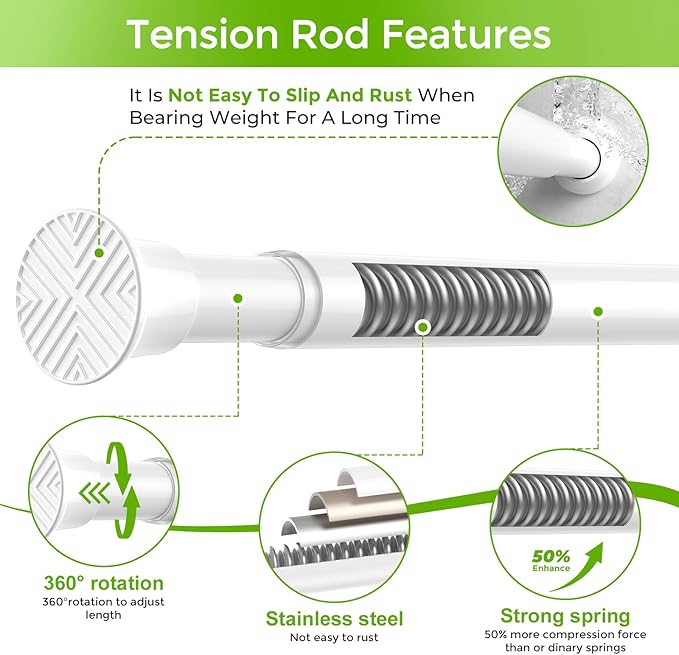 Tension Curtain Rod 32-76 Inch 7/8" Diameter Spring Loaded Curtain Rods No Drilling Adjustable Expandable Tension Shower Curtain Rods for Window Doorway Bathroom Kitchen Closet, White