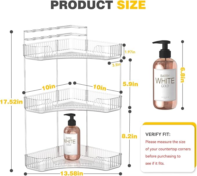 3-Tier Corner Bathroom Counter Organizer with Top Toothbrush Holders, Large Makeup Organizer Countertop with Brush Holder, Skincare Organizers Corner, Exquisite Vanity Organizer (Clear, 3 Tier)