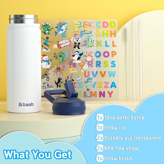 baab 18oz Kids Water Bottle, Insulated Water Bottle with Straw & Stickers, 18/8 Stainless Steel Vacuum Leakproof Kids Water Straw Cup for School, Perfect for Boy Girl (White, 1 Pack)