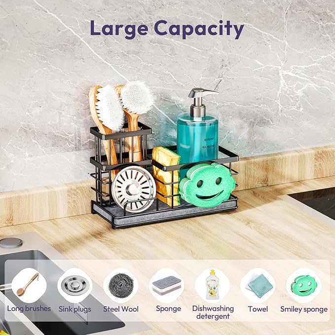 SWTYMIKI Kitchen Sink Caddy Organizer, Quick Dry Smiley Face Sponge Holder with Instant Drying Stone, Large Rustproof Sink Organizer for Kitchen Countertop Organization, Black